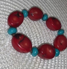 Beautiful Bold Red Coral & Turquoise Stone Stretch Bracelet