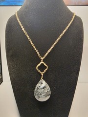 Black Moonstone Teardrop Pendant Necklace With Gold Tone Chain 32” Length