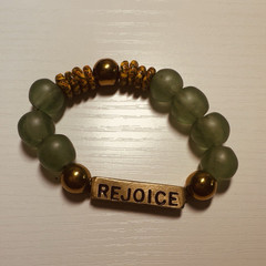 Handcrafted Beaded Bracelet with Green Gold Glass Beads Rejoice Charm Engraved