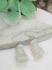 Opal Moonstone Pebble Shaped Frosted Sea Glass Silver Ladies Dangle Earrings
