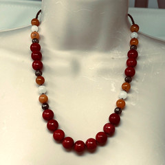 Handmade Beaded Necklace Sponge Coral Orange and Snow Quartz Gunmetal Black 20.5