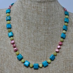 Handmade Beaded Necklace Turquoise Magnesite Green Stone Beads and Pink Pearls