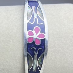 Mexico Alpaca Silver Hinged Bracelet Abalone Inlay Flower Butterfly Pink Purple