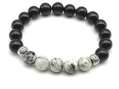 Handmade 10mm Map Jasper & Onyx Gemstone & Sterling Silver Bead Bracelet
