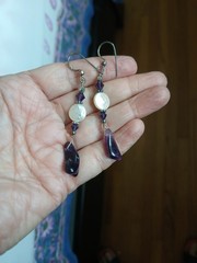 Vintage artisan coin pearl amethyst crystal sterling silver 2.5 inch earrings