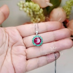 Large Round Ruby Necklace – Halo Circle 4 ct Red Ruby Pendant – White Gold