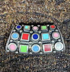 Vintage 925 Sterling Silver Thailand Glass Inlay Scarf Slide Pendant Geometric