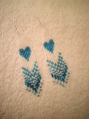 Handmade Seed Beaded Ceylon White and Lined Turquoise Heart