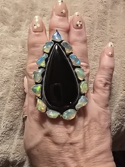 Massive Black Onyx & Ethiopian Opal Gemstone Sterling Silver Adjustable Ring