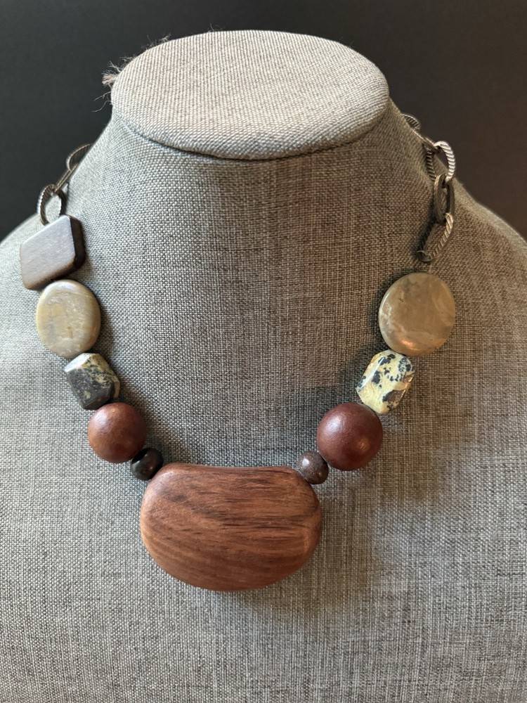 Handcrafted Chunky Statement Necklace Wood Semi Precious Stones Beaded Chain