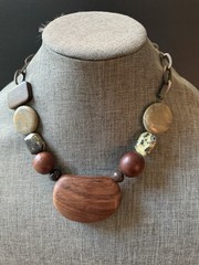 Handcrafted Chunky Statement Necklace Wood Semi Precious Stones Beaded Chain