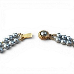 Vintage MCM Gray Art Glass Bead Necklace Red Accents Jeweled Clasp