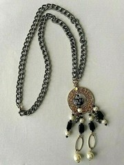 Handmade in Greece Silver like chain Gold tone Pendant Necklace Glass Gift