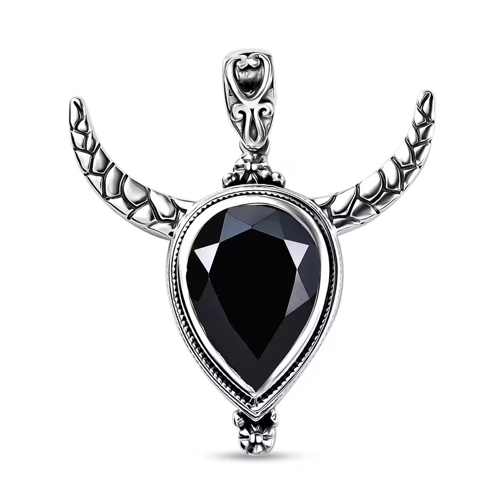 Artisan Crafted Black Spinel Bull Head Pendant in Sterling Silver 11.75 ctw