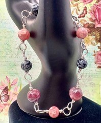 Sterling Silver Rhodochrosite Tourmaline Snowflake Obsidian Gemstone Bracelet