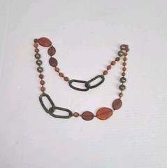 Amber Glass Faux Beaded Pewter Fashion Necklace 38″ Long Statement Jewelry Boho
