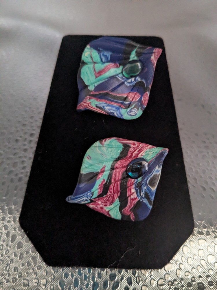 Handcrafted Colorful Polymer Clay Pierced Post Earrings Bluish Green Stone Read