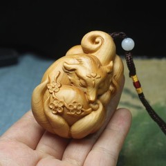 Cedar Wood Nine-Tailed Fox with Plum Blossoms Pendant—Natural Wood Amulet Gift