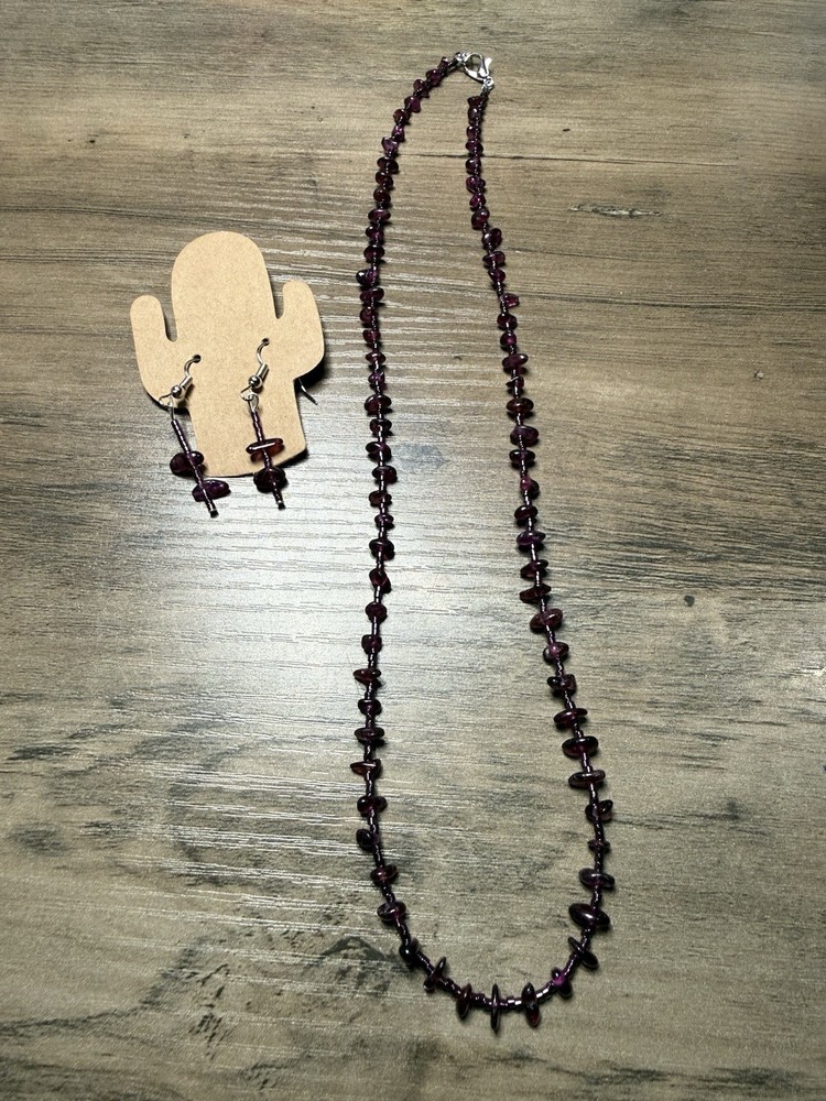 18” Handmade Bead Necklace Earrings Purple Rhodolite Garnet & Seed Beads New