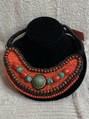 Tibetan beaded bib necklace w/faux turquoise, coral/amber, ethnic jewelry W/Box