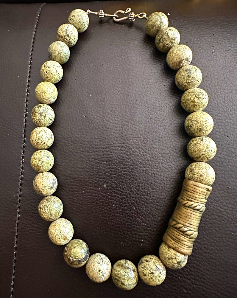 Gray Green Jasper Stone Beaded Necklace, Hook Closure, Round Beads, 18 in Length