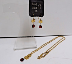 Holly Yashi Hammered Gold Overlay Rectangle Earrings & Necklace Faceted Garnets
