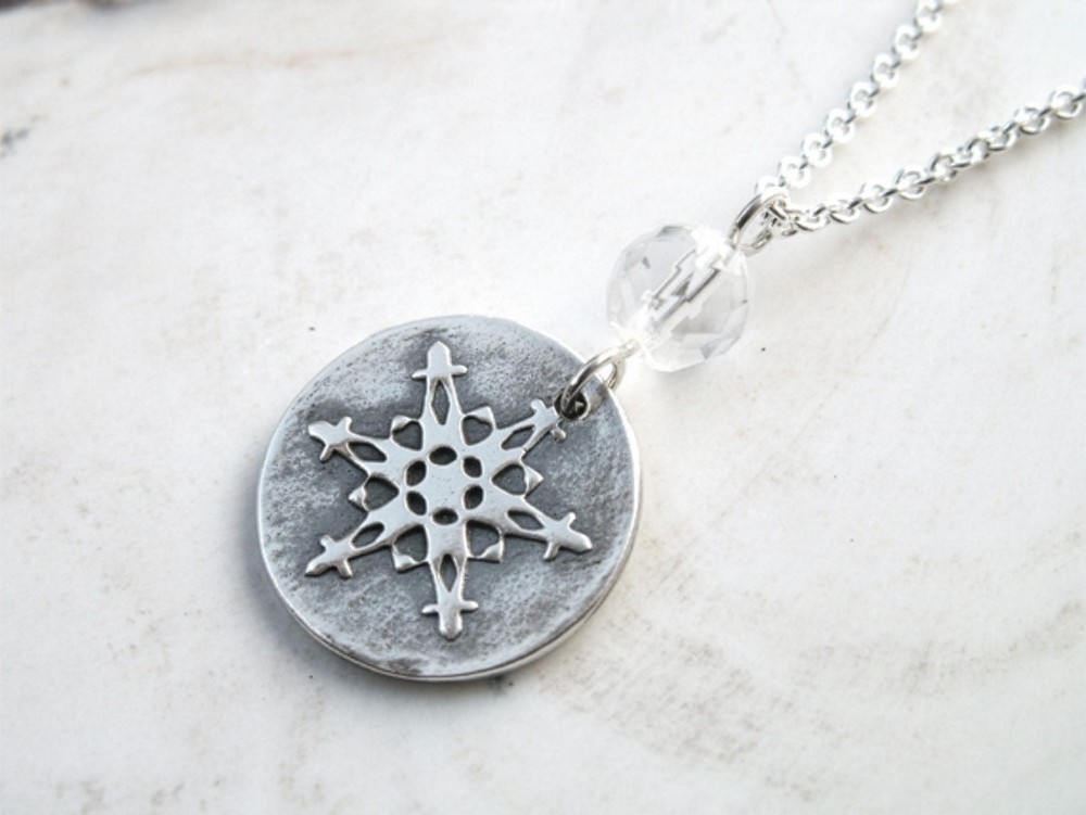 OOAK Sterling Silver Handmade Necklace, small snowflake pendant, quartz crystal