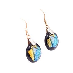 14K Yellow Gold Filled Dichroic Art Glass Dangle Earrings 1 1/2 Inch Artisan Dro