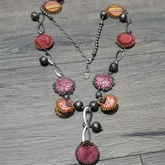 Lovely Ayala Bar Necklace Pink & Reds Fabric & Beads – silver ball beads, signed
