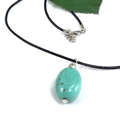 Turquoise Oval Pendant 17″ Necklace Handmade Gemstone Jewelry Black Leather