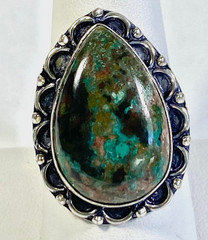 Pear Shaped Azurite Chrysocolla Cabochon 925 Silver Ring Artisan Crafted sz 9.5