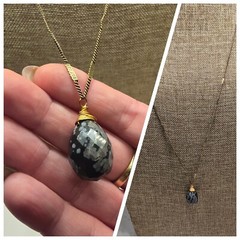 snowflake obsidian pendant Brass Artisan Crafted Long 34″ Necklace Vintage New