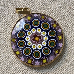 Round Multicolor Glass Mosaic Bezel-Set Charm Pendant, Art Theme