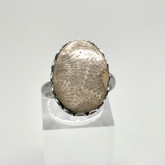 Natural Fossilized Coral Oval Stone Silver Tone Adjustable Handmade Ring