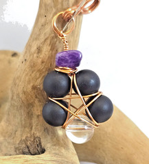 Copper Wire Wrapped 5-Point Star Pendant w/ Blue Flash Labradori & Amethyst Chip