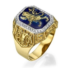 Lion of Judah Jewish Men’s Diamond Signet Ring In 14K Solid Gold & Blue Enamel