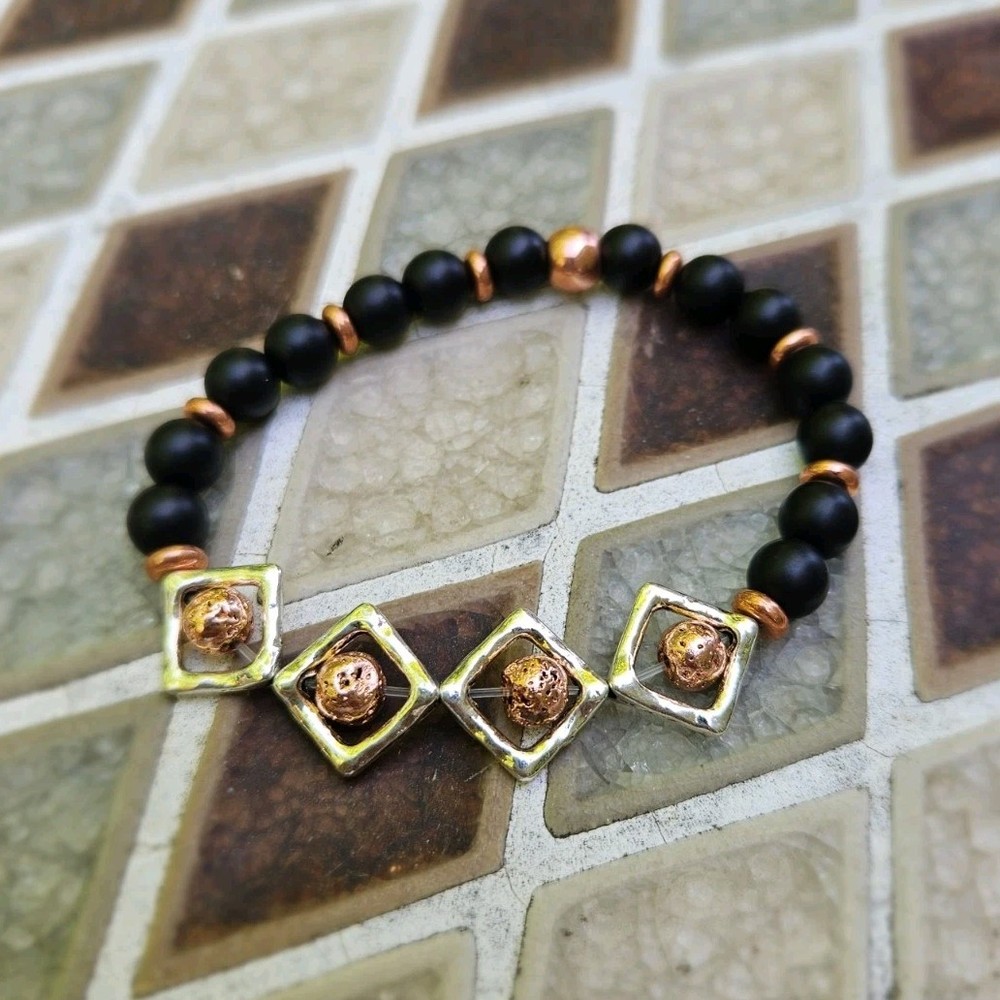 Beaded Stretch Bracelet Black Gold Round Square Metal Accents Unisex