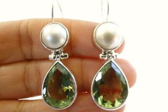 Green Amethyst Prasiolite White Mabe Pearl 925 Sterling Silver Dangle Earrings