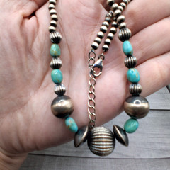 Sterling Silver Navajo Pearls Kingman Turquoise Necklace 16-18in Southwestern