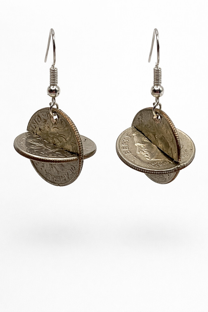 Dime Coin Art Dangle Earrings w/ Sterling Silver Plated Hooks, One of a Kind