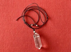 Quartz Crystal Point Pendant with Black Leather Cord Adorned with S.S. Beads.