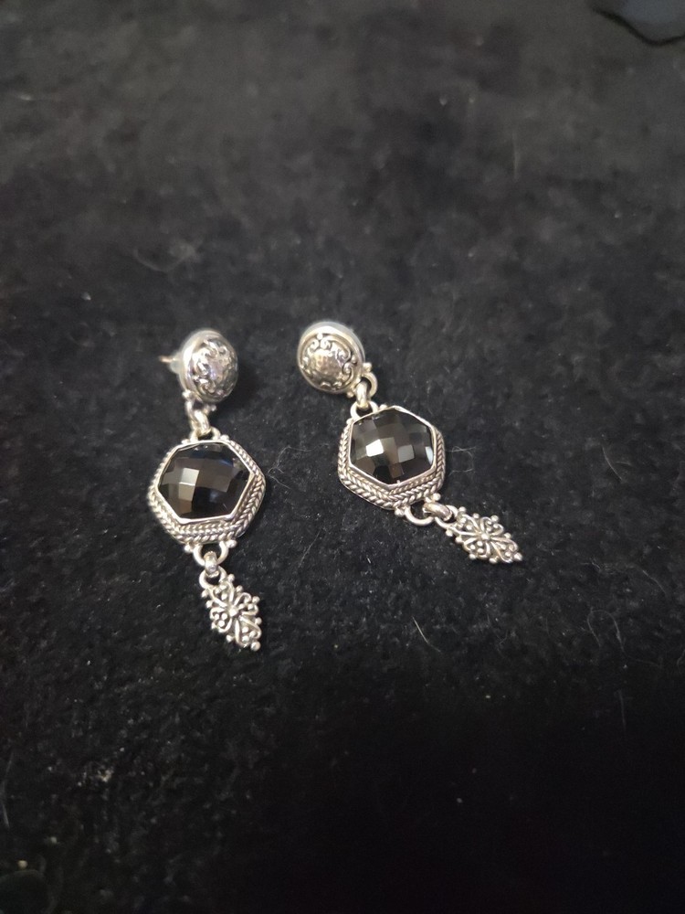Sarda Artisan Of Bali Sterling Silver BLACK SPINEL Dangle Earrings