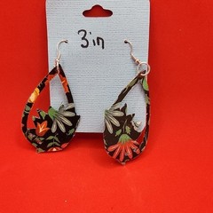 Hand Crafted Dangle Earring Faux Leather Floral Teardrop