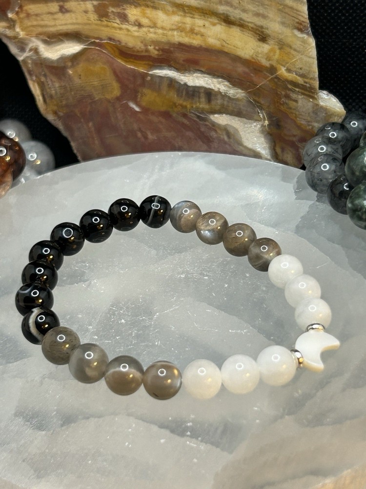Moon Phase Stretch Bracelet 8mm 7” W/ S925 Accent Beads, Moonstone, And Agate