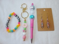 Handmade Beaded Pen, Beaded Keychain ,Bracelet, Earrings New Jewelry set