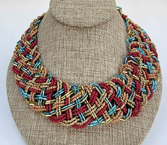 Artisan Red Blue And Gold Seed Bead Woven Collar Necklace 19 in Gold Tone