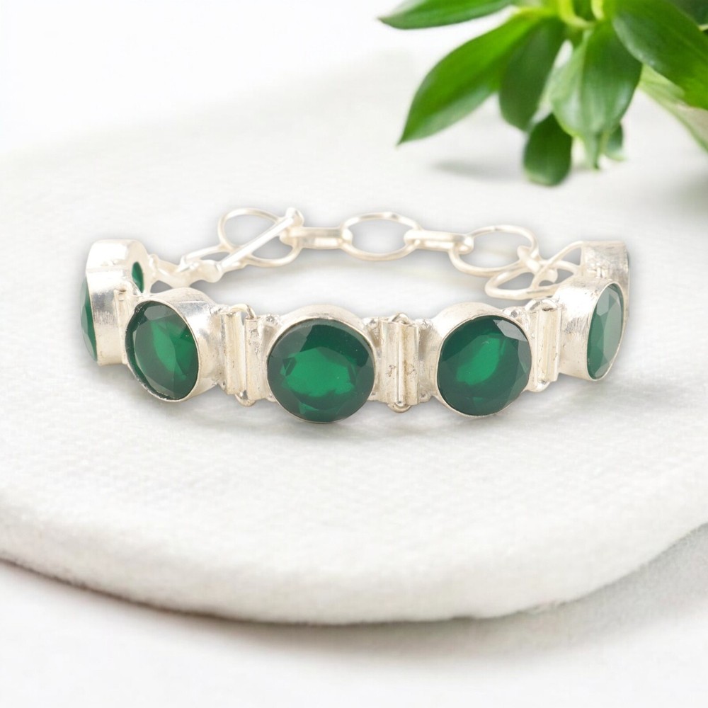 Handcrafted Bracelet Green Onyx Natural Gemstone 925 Sterling Silver bracelet 9″