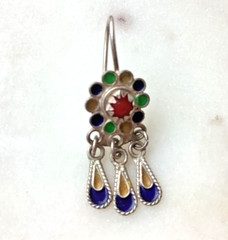Vintage Enamel Dangle Earring Red Blue Yellow Silver Pierced (Not Pair)