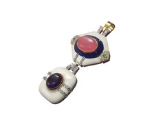 Pink Sapphire & Amethyst Totem Pendant Women 925 Sterling Silver White Enamel
