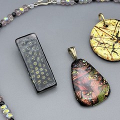 Fused Dichroic Glass Necklace Pendants Lot Of 4 Pink Blue Gold Black Red Tones